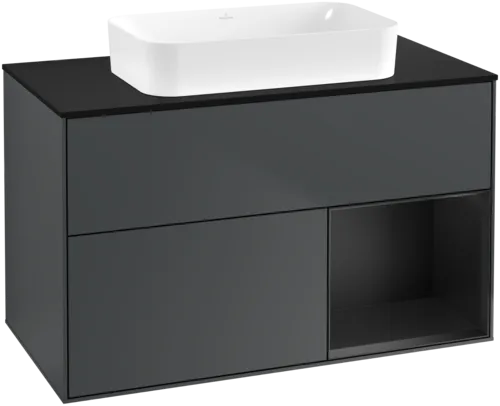 VILLEROY BOCH Toaletní skříňka Finion, s osvětlením, 2 výsuvy, 1000 x 603 x 501 mm, Midnight Blue Matt Lacquer / Black Matt Lacquer / Glass Black Matt #F662PDHG