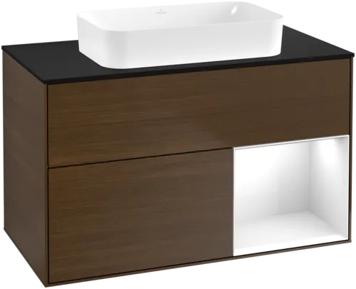 VILLEROY BOCH Toaletní skříňka Finion, s osvětlením, 2 výsuvy, 1000 x 603 x 501 mm, ořechová dýha / lesklý bílý lak / sklo černé matné #F662GFGN
