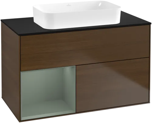 VILLEROY BOCH Toaletní skříňka Finion, s osvětlením, 2 výsuvy, 1000 x 603 x 501 mm, ořechová dýha / olivový matný lak / sklo černé matné #F652GMGN
