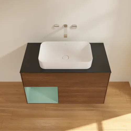 VILLEROY BOCH Toaletní skříňka Finion, s osvětlením, 2 výsuvy, 1000 x 603 x 501 mm, ořechová dýha / olivový matný lak / sklo černé matné #F652GMGN, obrázek 4