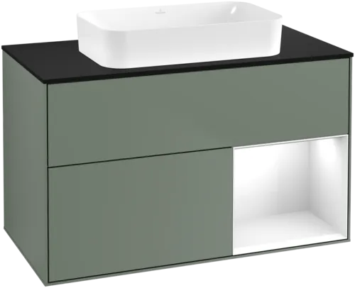 VILLEROY BOCH Toaletní skříňka Finion, s osvětlením, 2 výsuvy, 1000 x 603 x 501 mm, olivový matný lak / lesklý bílý lak / sklo černé matné #F662GFGM