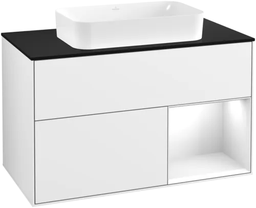 VILLEROY BOCH Toaletní skříňka Finion, s osvětlením, 2 výsuvy, 1000 x 603 x 501 mm, lesklý bílý lak / lesklý bílý lak / sklo černé matné #F662GFGF