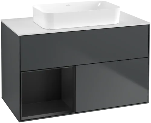 VILLEROY BOCH Toaletní skříňka Finion, s osvětlením, 2 výsuvy, 1000 x 603 x 501 mm, Midnight Blue Matt Lacquer / Black Matt Lacquer / Glass White Matt #F651PDHG