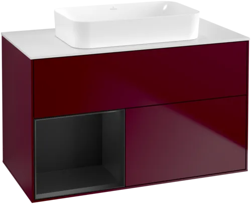 VILLEROY BOCH Toaletní skříňka Finion, s osvětlením, 2 výsuvy, 1000 x 603 x 501 mm, Pivoňka matný lak / Černý matný lak / Sklo bílé matné #F651PDHB