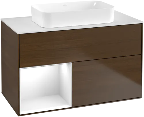 VILLEROY BOCH Toaletní stolek Finion, s osvětlením, 2 výsuvy, 1000 x 603 x 501 mm, ořechová dýha / lesklý bílý lak / sklo bílé matné #F651GFGN