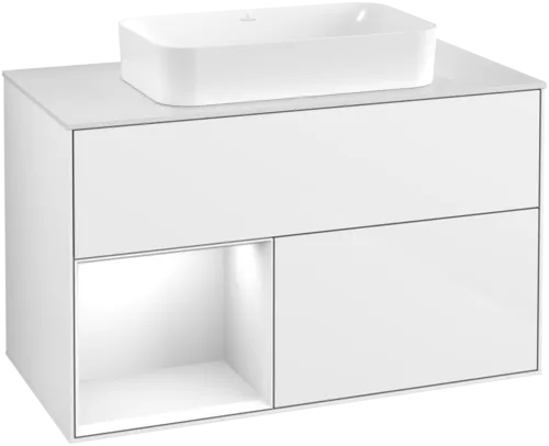 VILLEROY BOCH Toaletní skříňka Finion, s osvětlením, 2 výsuvy, 1000 x 603 x 501 mm, lesklý bílý lak / lesklý bílý lak / sklo bílé matné #F651GFGF