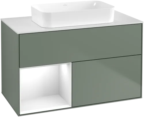VILLEROY BOCH Toaletní skříňka Finion, s osvětlením, 2 výsuvy, 1000 x 603 x 501 mm, olivový matný lak / lesklý bílý lak / sklo bílé matné #F651GFGM