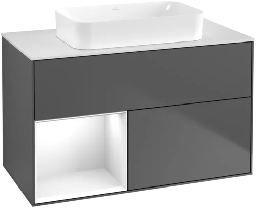 VILLEROY BOCH Toaletní skříňka Finion, s osvětlením, 2 výsuvy, 1000 x 603 x 501 mm, antracit matný lak / lesklý bílý lak / sklo bílé matné #F651GFGK