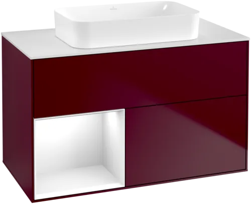 VILLEROY BOCH Toaletní skříňka Finion, s osvětlením, 2 výsuvy, 1000 x 603 x 501 mm, Pivoňka matný lak / lesklý bílý lak / sklo bílé matné #F651GFHB