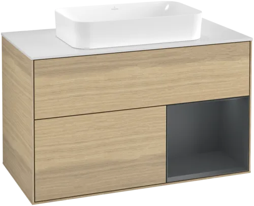 VILLEROY BOCH Toaletní skříňka Finion, s osvětlením, 2 výsuvy, 1000 x 603 x 501 mm, dubová dýha / půlnočně modrý matný lak / bílé matné sklo #F661HGPC