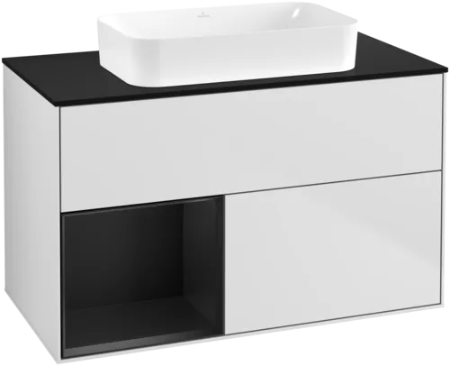 VILLEROY BOCH Toaletní skříňka Finion, s osvětlením, 2 výsuvy, 1000 x 603 x 501 mm, bílý matný lak / černý matný lak / černé matné sklo #F652PDMT