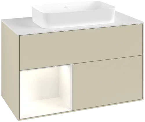 VILLEROY BOCH Toaletní skříňka Finion, s osvětlením, 2 výsuvy, 1000 x 603 x 501 mm, hedvábně šedý matný lak / lesklý bílý lak / sklo bílé matné #F651GFHJ