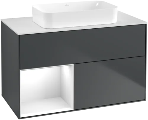VILLEROY BOCH Toaletní skříňka Finion, s osvětlením, 2 výsuvy, 1000 x 603 x 501 mm, Midnight Blue Matt Lacquer / Glossy White Lacquer / Glass White Matt #F651GFHG