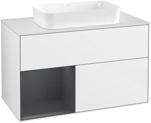 VILLEROY BOCH Toaletní skříňka Finion, s osvětlením, 2 výsuvy, 1000 x 603 x 501 mm, lesklý bílý lak / půlnoční modrý matný lak / bílé matné sklo #F651HGGF