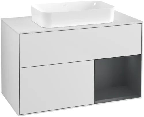 VILLEROY BOCH Toaletní skříňka Finion, s osvětlením, 2 výsuvy, 1000 x 603 x 501 mm, bílý matný lak / půlnoční modrý matný lak / bílé matné sklo #F661HGMT