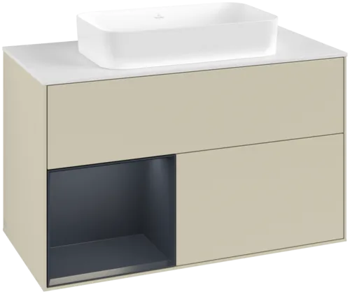 VILLEROY BOCH Toaletní skříňka Finion, s osvětlením, 2 výsuvy, 1000 x 603 x 501 mm, hedvábně šedý matný lak / půlnočně modrý matný lak / bílé matné sklo #F651HGHJ