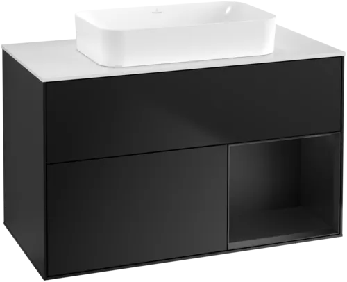 VILLEROY BOCH Toaletní skříňka Finion, s osvětlením, 2 výsuvy, 1000 x 603 x 501 mm, černý matný lak / černý matný lak / sklo bílé matné #F661PDPD