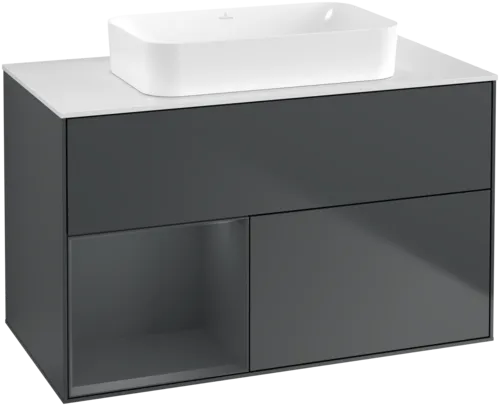 VILLEROY BOCH Toaletní skříňka Finion, s osvětlením, 2 výsuvy, 1000 x 603 x 501 mm, Midnight Blue Matt Lacquer / Midnight Blue Matt Lacquer / Glass White Matt #F651HGHG