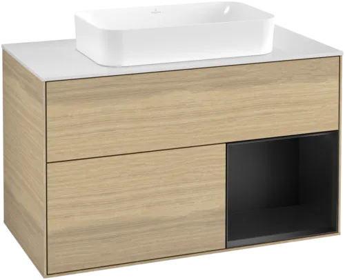 VILLEROY BOCH Toaletní skříňka Finion, s osvětlením, 2 výsuvy, 1000 x 603 x 501 mm, dubová dýha / černý matný lak / sklo bílé matné #F661PDPC