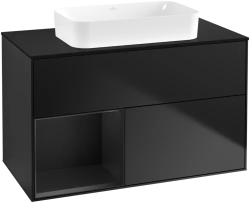 VILLEROY BOCH Umyvadlová skříňka Finion, s osvětlením, 2 výsuvy, 1000 x 603 x 501 mm, černý matný lak / černý matný lak / černé matné sklo #F652PDPD