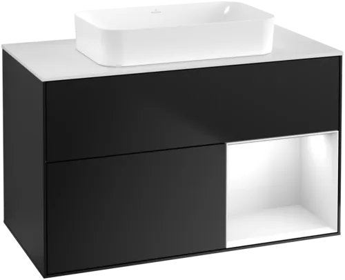 VILLEROY BOCH Toaletní skříňka Finion, s osvětlením, 2 výsuvy, 1000 x 603 x 501 mm, černý matný lak / bílý lesklý lak / bílé matné sklo #F661GFPD
