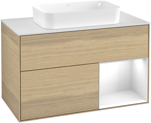 VILLEROY BOCH Toaletní stolek Finion, s osvětlením, 2 výsuvy, 1000 x 603 x 501 mm, dubová dýha / lesklý bílý lak / sklo bílé matné #F661GFPC