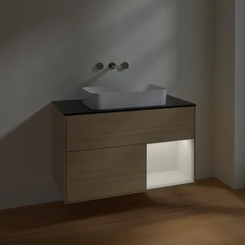 VILLEROY BOCH Toaletní skříňka Finion, s osvětlením, 2 výsuvy, 1000 x 603 x 501 mm, dubová dýha / lesklý bílý lak / černé matné sklo #F662GFPC, obrázek 5