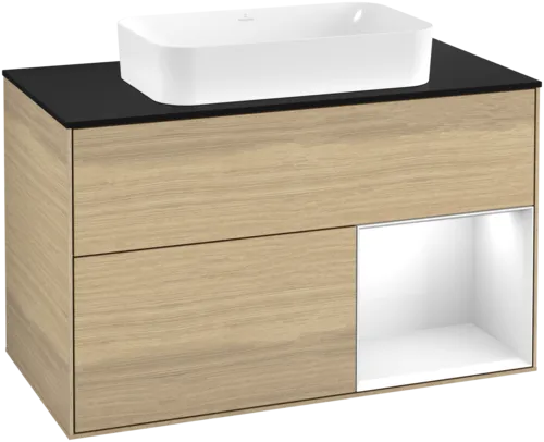 VILLEROY BOCH Toaletní skříňka Finion, s osvětlením, 2 výsuvy, 1000 x 603 x 501 mm, dubová dýha / lesklý bílý lak / černé matné sklo #F662GFPC