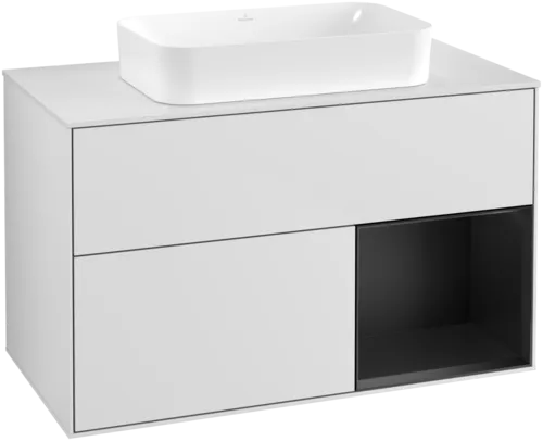VILLEROY BOCH Toaletní skříňka Finion, s osvětlením, 2 výsuvy, 1000 x 603 x 501 mm, bílý matný lak / černý matný lak / bílé matné sklo #F661PDMT