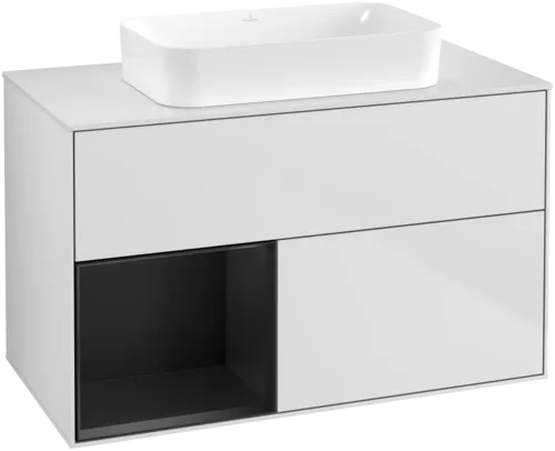 VILLEROY BOCH Toaletní skříňka Finion, s osvětlením, 2 výsuvy, 1000 x 603 x 501 mm, bílý matný lak / černý matný lak / bílé matné sklo #F651PDMT