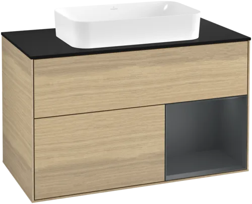 VILLEROY BOCH Toaletní skříňka Finion, s osvětlením, 2 výsuvy, 1000 x 603 x 501 mm, dubová dýha / půlnočně modrý matný lak / černé matné sklo #F662HGPC