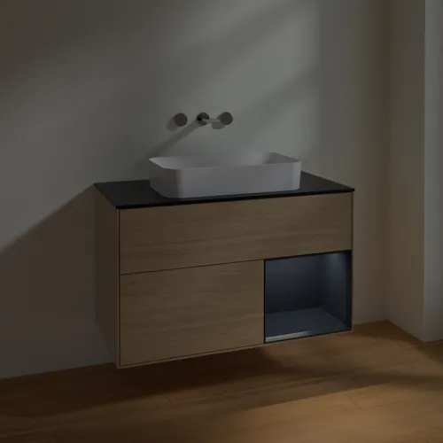 VILLEROY BOCH Toaletní skříňka Finion, s osvětlením, 2 výsuvy, 1000 x 603 x 501 mm, dubová dýha / půlnočně modrý matný lak / černé matné sklo #F662HGPC, obrázek 4