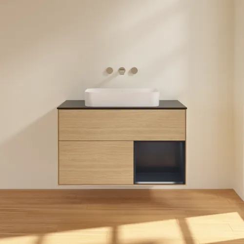 VILLEROY BOCH Toaletní skříňka Finion, s osvětlením, 2 výsuvy, 1000 x 603 x 501 mm, dubová dýha / půlnočně modrý matný lak / černé matné sklo #F662HGPC, obrázek 3
