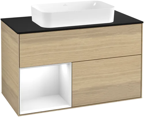 VILLEROY BOCH Toaletní skříňka Finion, s osvětlením, 2 výsuvy, 1000 x 603 x 501 mm, dubová dýha / lesklý bílý lak / černé matné sklo #F652GFPC