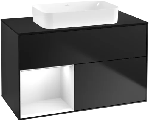 VILLEROY BOCH Umyvadlová skříňka Finion, s osvětlením, 2 výsuvy, 1000 x 603 x 501 mm, černý matný lak / lesklý bílý lak / černé matné sklo #F652GFPD