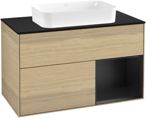VILLEROY BOCH Toaletní skříňka Finion, s osvětlením, 2 výsuvy, 1000 x 603 x 501 mm, dubová dýha / černý matný lak / černé matné sklo #F662PDPC