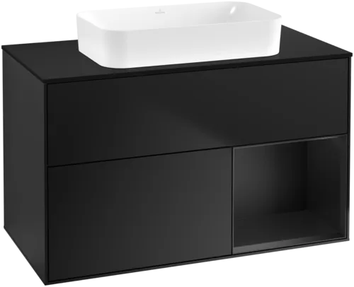 VILLEROY BOCH Umyvadlová skříňka Finion, s osvětlením, 2 výsuvy, 1000 x 603 x 501 mm, černý matný lak / černý matný lak / černé matné sklo #F662PDPD