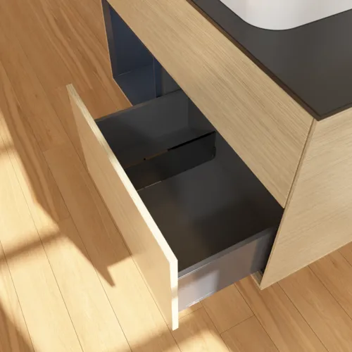 VILLEROY BOCH Toaletní skříňka Finion, s osvětlením, 2 výsuvy, 1000 x 603 x 501 mm, dubová dýha / půlnočně modrý matný lak / černé matné sklo #F652HGPC, obrázek 7