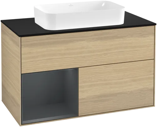VILLEROY BOCH Toaletní skříňka Finion, s osvětlením, 2 výsuvy, 1000 x 603 x 501 mm, dubová dýha / půlnočně modrý matný lak / černé matné sklo #F652HGPC