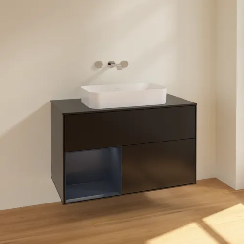 VILLEROY BOCH Toaletní skříňka Finion, s osvětlením, 2 výsuvy, 1000 x 603 x 501 mm, černý matný lak / půlnoční modrý matný lak / černé matné sklo #F652HGPD, obrázek 2