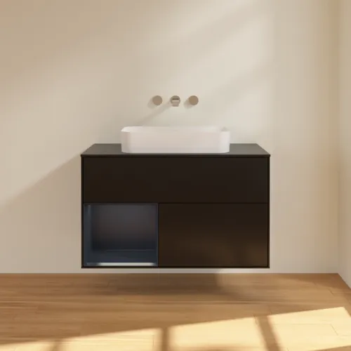 VILLEROY BOCH Toaletní skříňka Finion, s osvětlením, 2 výsuvy, 1000 x 603 x 501 mm, černý matný lak / půlnoční modrý matný lak / černé matné sklo #F652HGPD, obrázek 3