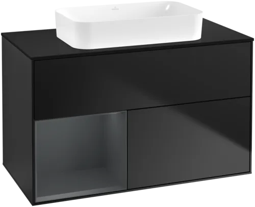 VILLEROY BOCH Toaletní skříňka Finion, s osvětlením, 2 výsuvy, 1000 x 603 x 501 mm, černý matný lak / půlnoční modrý matný lak / černé matné sklo #F652HGPD