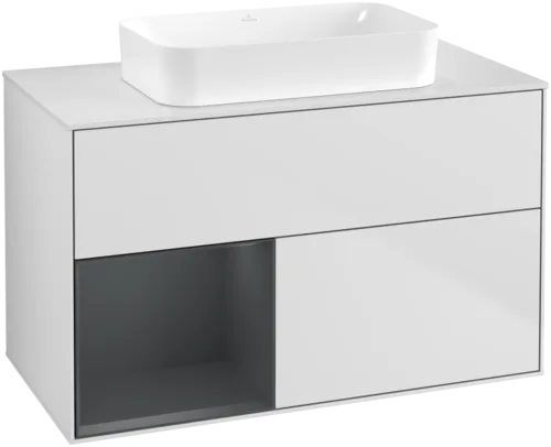 VILLEROY BOCH Toaletní skříňka Finion, s osvětlením, 2 výsuvy, 1000 x 603 x 501 mm, bílý matný lak / půlnoční modrý matný lak / bílé matné sklo #F651HGMT