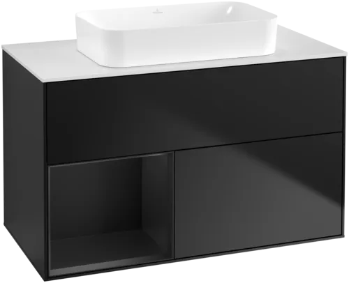 VILLEROY BOCH Toaletní skříňka Finion, s osvětlením, 2 výsuvy, 1000 x 603 x 501 mm, černý matný lak / černý matný lak / sklo bílé matné #F651PDPD