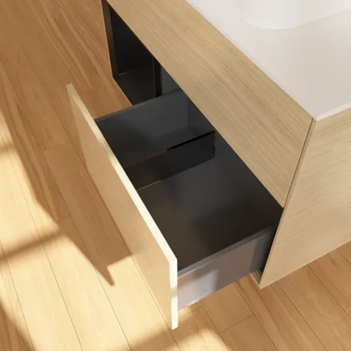VILLEROY BOCH Toaletní skříňka Finion, s osvětlením, 2 výsuvy, 1000 x 603 x 501 mm, dubová dýha / černý matný lak / sklo bílé matné #F651PDPC, obrázek 7
