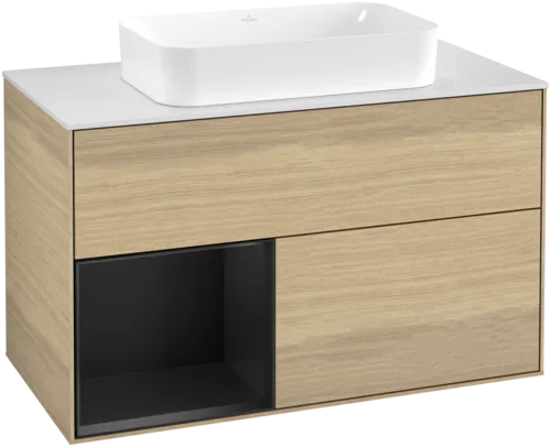 VILLEROY BOCH Toaletní skříňka Finion, s osvětlením, 2 výsuvy, 1000 x 603 x 501 mm, dubová dýha / černý matný lak / sklo bílé matné #F651PDPC