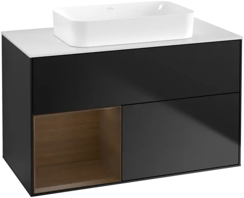 VILLEROY BOCH Toaletní skříňka Finion, s osvětlením, 2 výsuvy, 1000 x 603 x 501 mm, černý matný lak / ořechová dýha / sklo bílé matné #F651GNPD