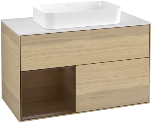 VILLEROY BOCH Umyvadlová skříňka Finion, s osvětlením, 2 výsuvy, 1000 x 603 x 501 mm, dubová dýha / ořechová dýha / sklo bílé matné #F651GNPC