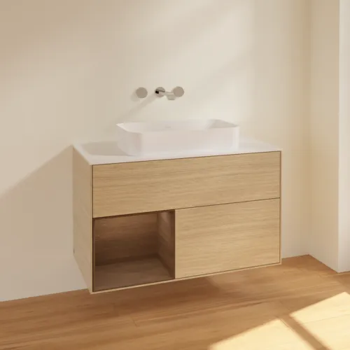 VILLEROY BOCH Umyvadlová skříňka Finion, s osvětlením, 2 výsuvy, 1000 x 603 x 501 mm, dubová dýha / ořechová dýha / sklo bílé matné #F651GNPC, obrázek 2