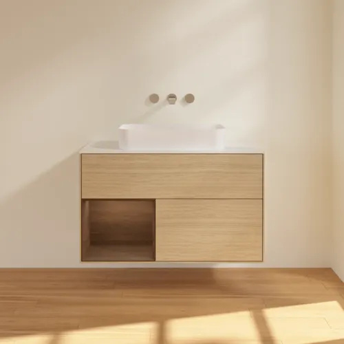 VILLEROY BOCH Umyvadlová skříňka Finion, s osvětlením, 2 výsuvy, 1000 x 603 x 501 mm, dubová dýha / ořechová dýha / sklo bílé matné #F651GNPC, obrázek 3